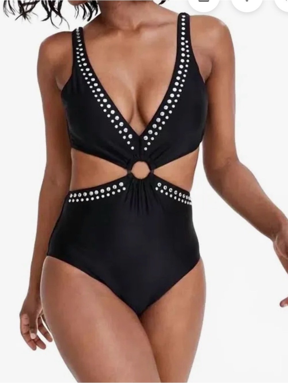 Bar III Black Stud-Trim Cutout One-Piece Swimsuit